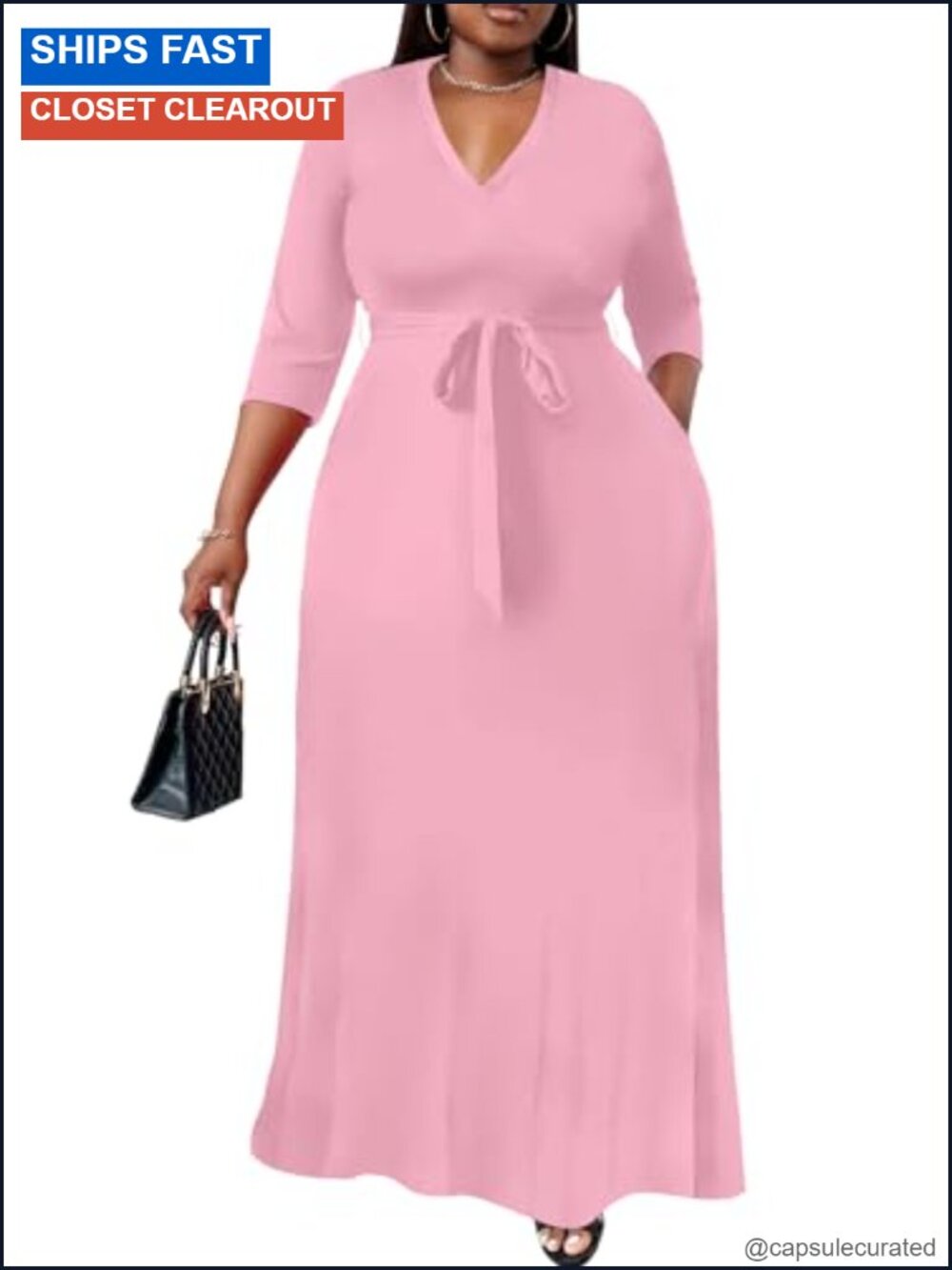 Plus Size Maxi Wrap Dress 3/4 Sleeve V-Neck Flowy Long Curvy Fit